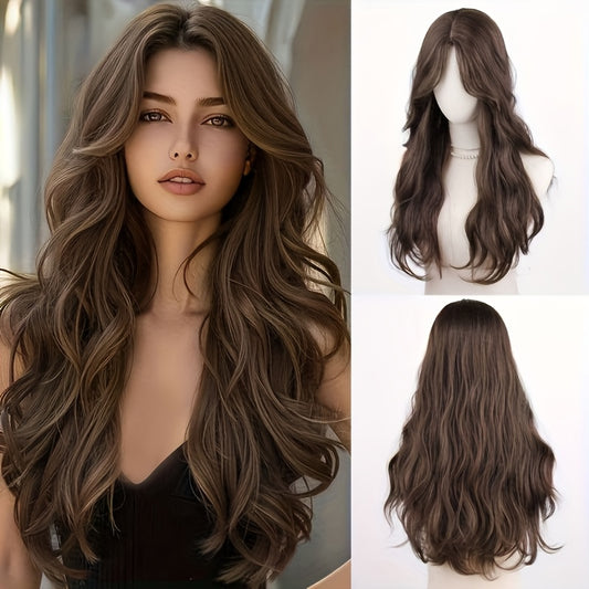 NEW Arrivals 66.04cm Long Brown Curly Wig with Bangs for Women - High-Temperature Fiber, Voluminous Waves for Everyday, Party & Event Styling
