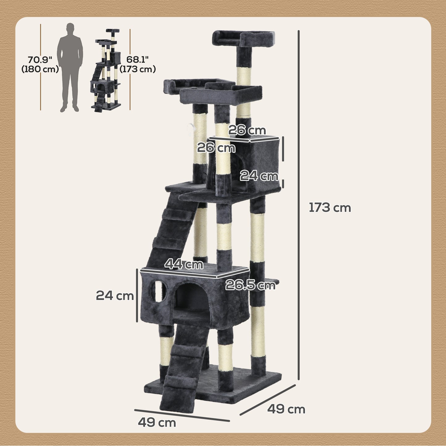 Cat Tree for Indoor Cats, 173cm Cat Tower Scratching Post Tall Climbing Tower, Activity Centre House - Charcoal Grey