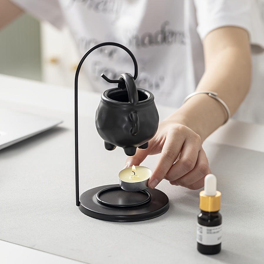 Ceramic Essential Oil Lamp, Ceramic Lamp, Hanging Pot Candle Heater, Decorative Warm Night Light for Living Room, Bedroom, Office, Diffuser, Essential Oil Holder, Stove, Black