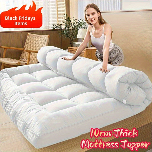 1pc Extra Thick Mattress Topper, Overfilled with 10cm/ 4Inch Microfiber Filling with Deep Pocket, Plush Soft Pillow Top Mattress Topper Anti-Shift & Even Weight Distribution Single/Double/King/Super King All UK Bed Sizes