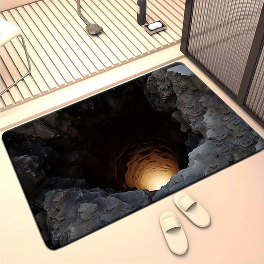 2D Optical Visual Illusion Deep Cave Themed Doormat, Soft Flannel Welcome Mat with Non-Slip Feature, Outdoor Carpet for Entryways, Machine Washable, Foldable, Durable Polyester Fiber, Suitable for Bathrooms, Kitchens, Living