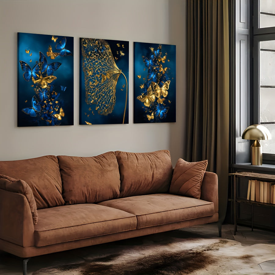 3pcs Navy Blue, Golden & Turquoise Butterfly Canvas Wall Art Set - Modern Abstract Minimalist Wrapped Canvas Paintings with Deep Blue & Golden Hues, Large Wall Decor for Living Room, Bedroom, Bathroom - Indoor Hanging Decorat