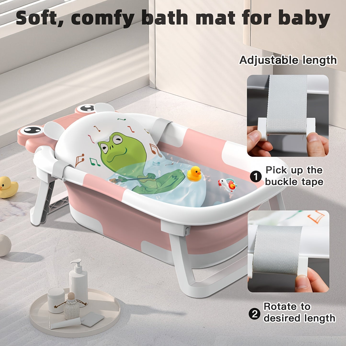 Collapsible Baby Bathtub for Infants, Essential for Newborns, Featuring a Portable Design with an Adorable Frog-Patterned Headrest. It Is Important That Children Are Supervised While Using It. This Travel-Friendly Bathtub Is