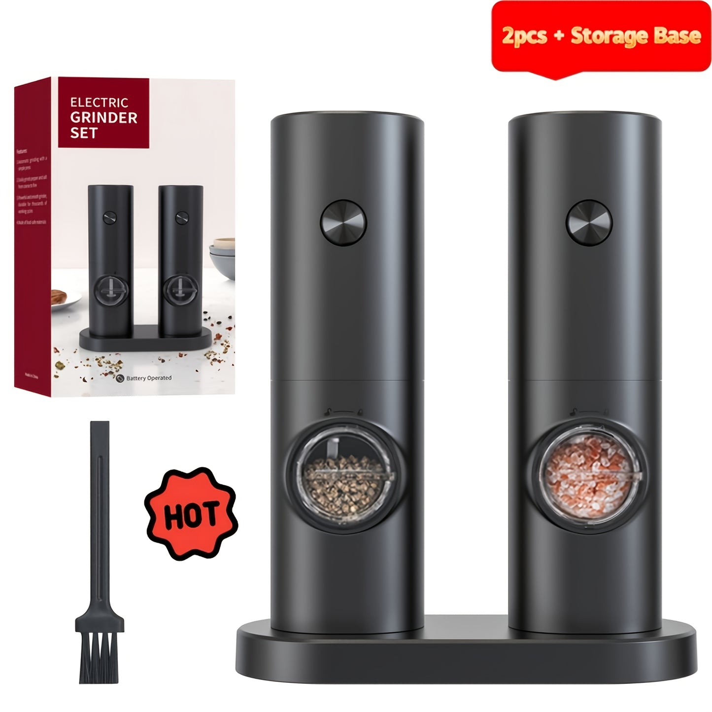 Electric Salt Pepper Grinder, Battery Powered Convenient (Batteries Not Included), Dual-Compartment Design with Base, Practical White LED Light, Coarse and Fine Adjustment, One-Click Operation, Black Durable