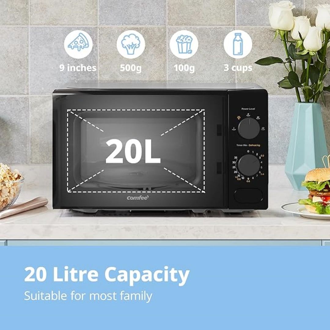 20L Large Capacity Midea COMFEE' Black Compact Microwave Oven 700W with Manual Control - 20L Countertop Microwave for Small Kitchens, Dorms & Studios, 5 Power Levels & Quick Defrost