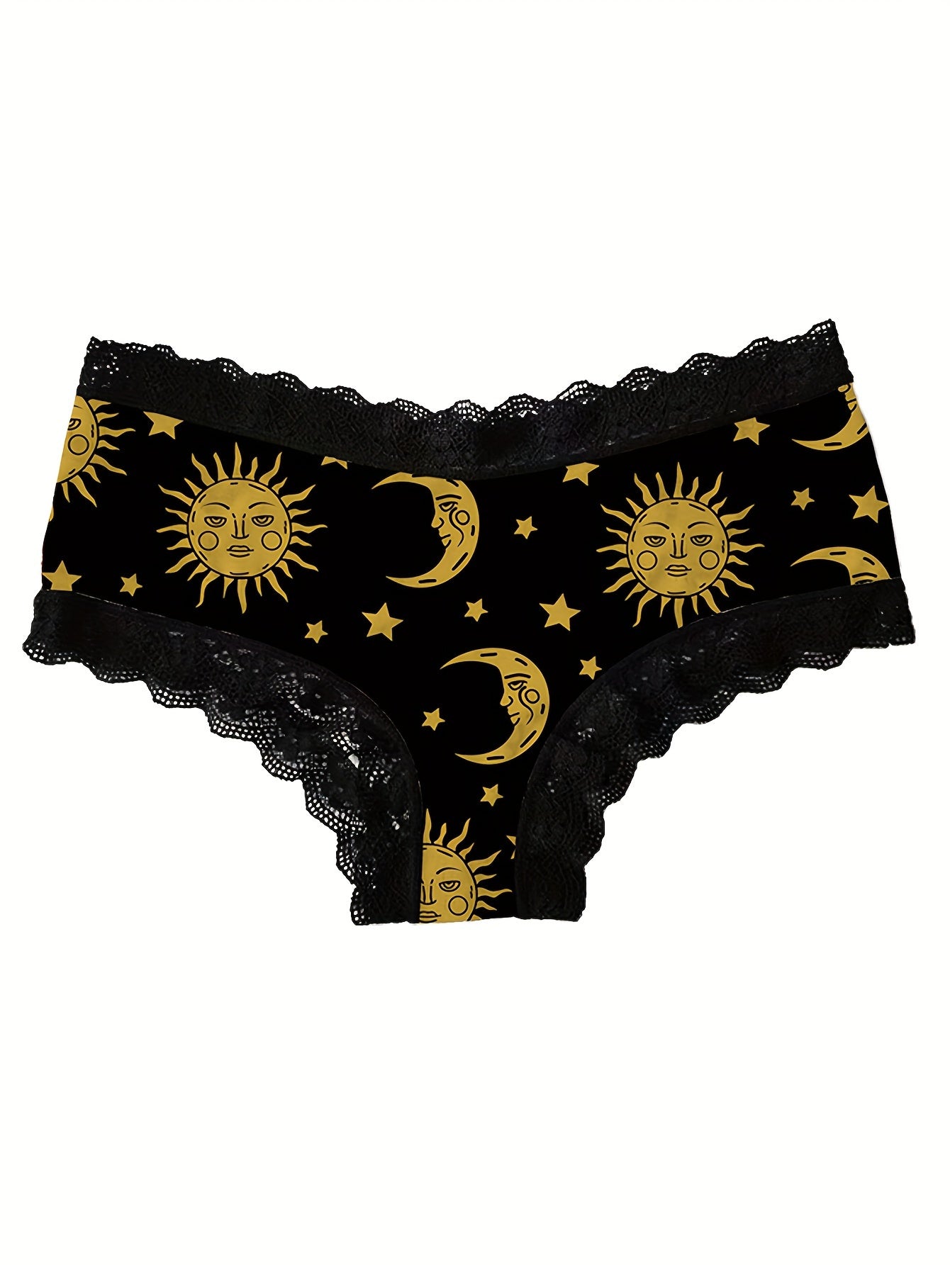 3 PCS Set UK Size Moon & Sun Print Lace Trim Briefs, Comfy Breathable Stretchy Intimates Panties, Women's Lingerie & Underwear