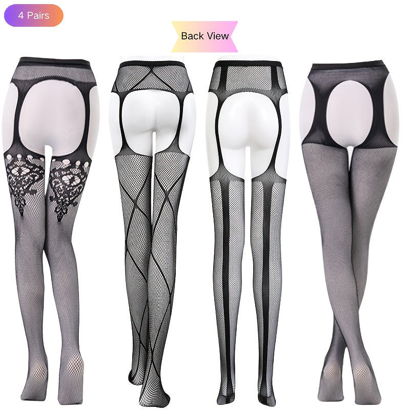 4-Pack Sexy Hollow-Out Fishnet Pantyhose Set, Women'S Breathable Elastic Garter Belt Hosiery, Floral Knit Polyamide 95% Elastane 5% for Wedding Theme