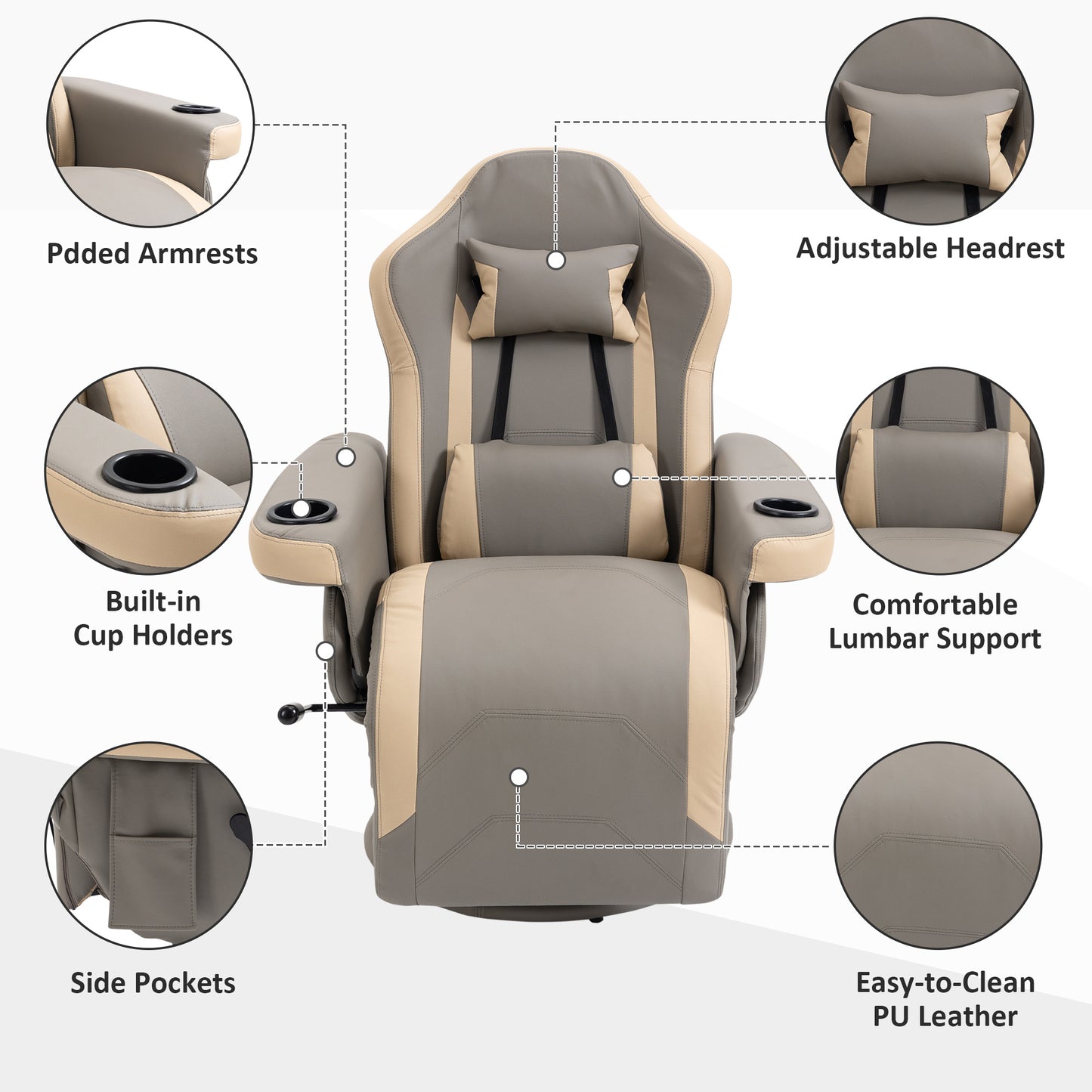 Manual Reclining Gaming Chair, Swivel Racing Video Gaming Recliner with Footrest, Headrest and Cup Holder, PU Leather Armchair with Storage Pocket, Grey