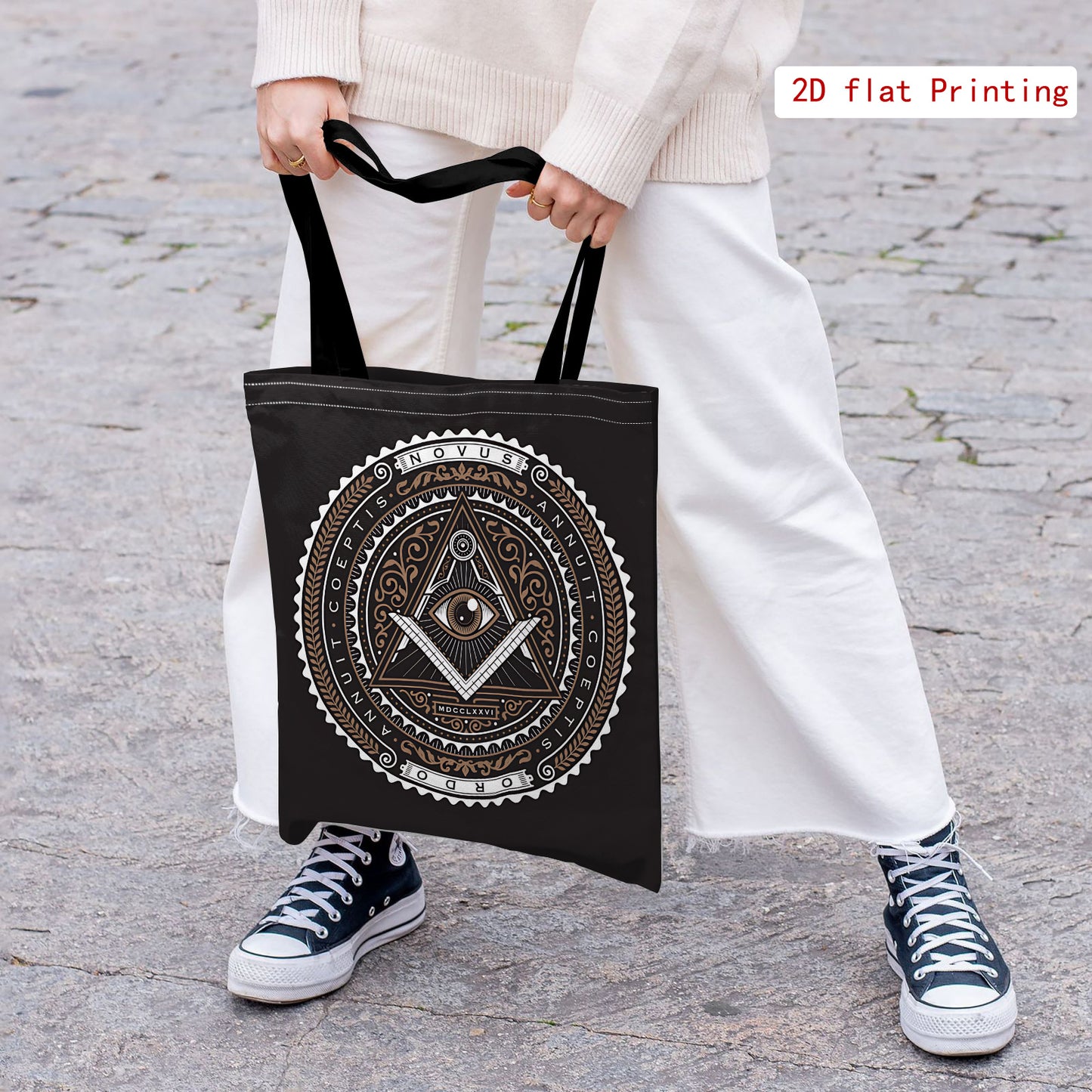 Secret Society 2D Printed Single-shoulder Bag with Illuminati Symbol and All-Seeing Eye Pattern, a Stylish and Minimalist Shopping Bag, Casual Handbag, Ladies' Tote Bag, Suitable for Daily Shopping and Holiday Event Gifts, fo
