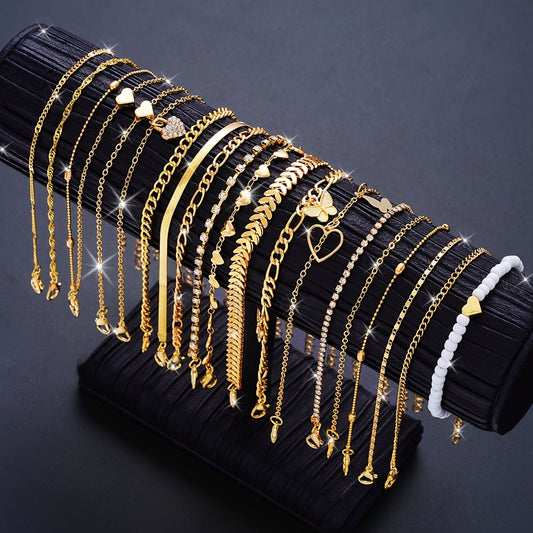 19 PCS Set Anklet Set, High-Quality Women's Ankle Bracelets with Summer Beach Style Heart Rhinestone, Butterfly, Beaded, and Rice Beads, Perfect for Ladies' Beach Party Date Gift