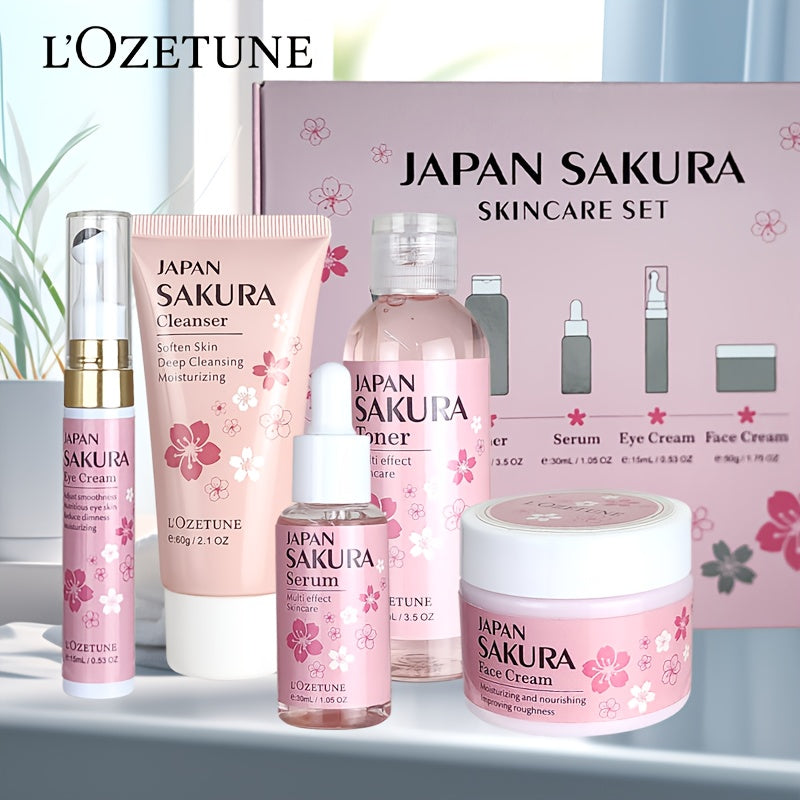 5PCS Set Japanese Sakura Cherry Blossom Skincare Set: moisturizing toner, eye cream, cleanser, face cream, cherry essence. Fits all Light Beige (dry, normal, combination). Great for post-facial hair removal