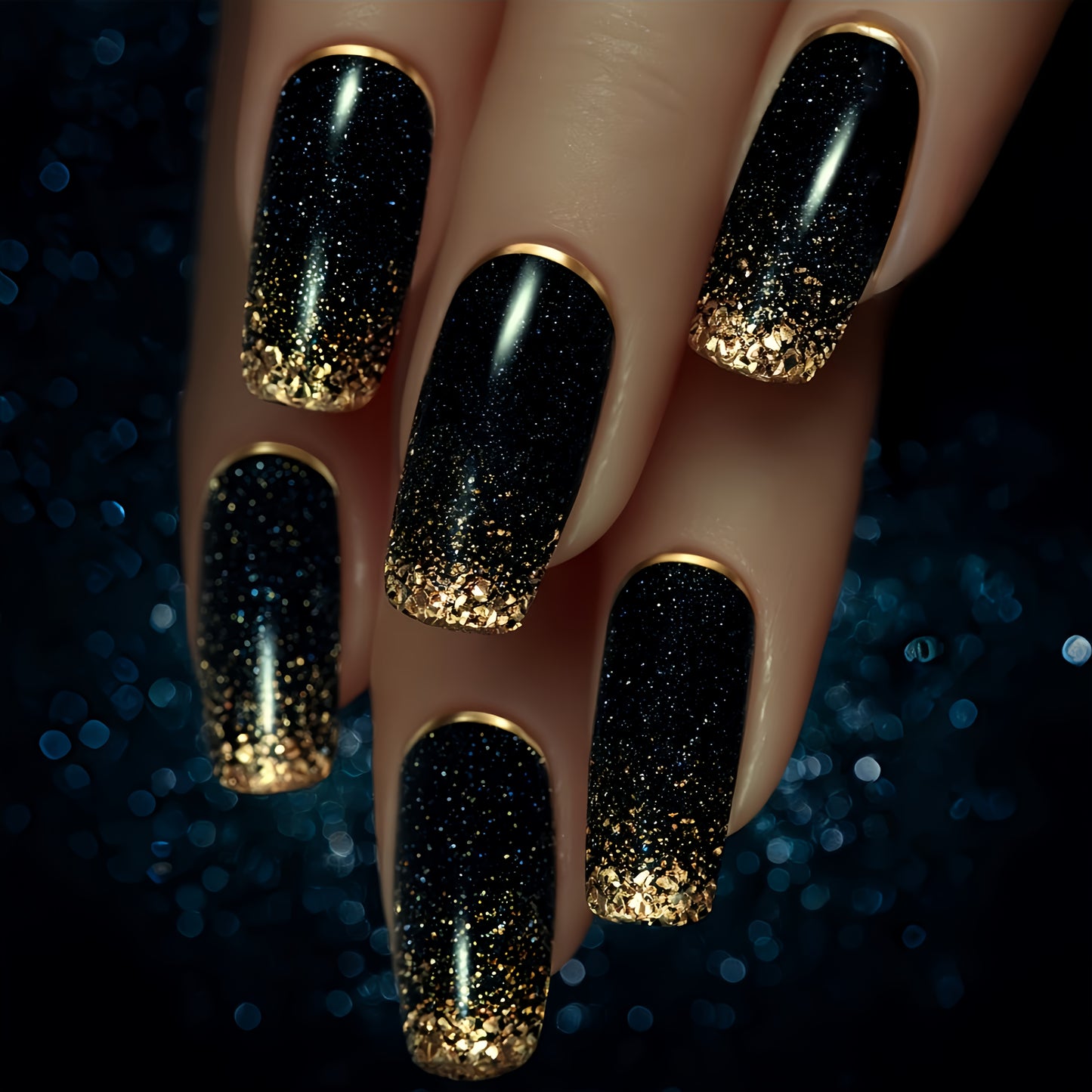 24 PCS Set Golden Glitter Ombre Black Long Square Press-On Nails, Detachable Fake Nails for Women, Simple & Elegant Nail Art to Enhance Your Fingertips' Charm