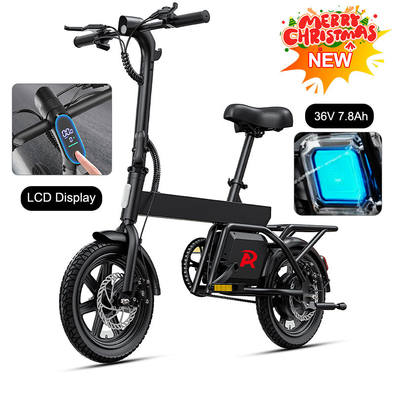 14inch Foldable Electric Bike, Mini City E-Bike, LCD Display, 36V 7.8Ah Battery, 250W Motor, 4 Riding Modes, 4 Speed Levels,25km/h Top Speed And 45km Max Range, With Rear Rack, Pedal Assist, Dual Disc Brakes, Night Lights, an