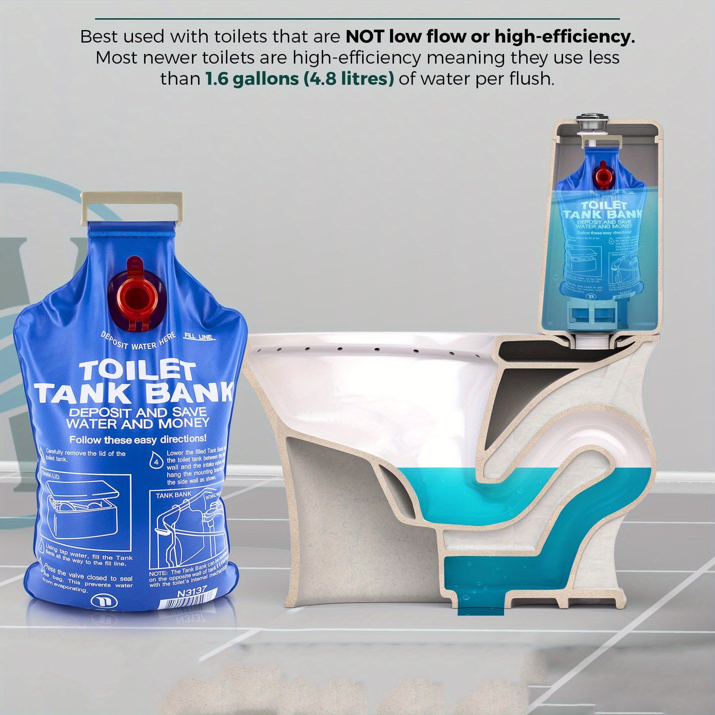 Toilet Tank Water Saver Bag - 95 Ounces Per Flush High-Efficiency Cistern Displacement Device for Standard Low-Flow Toilets Home Office Bathroom Accessories