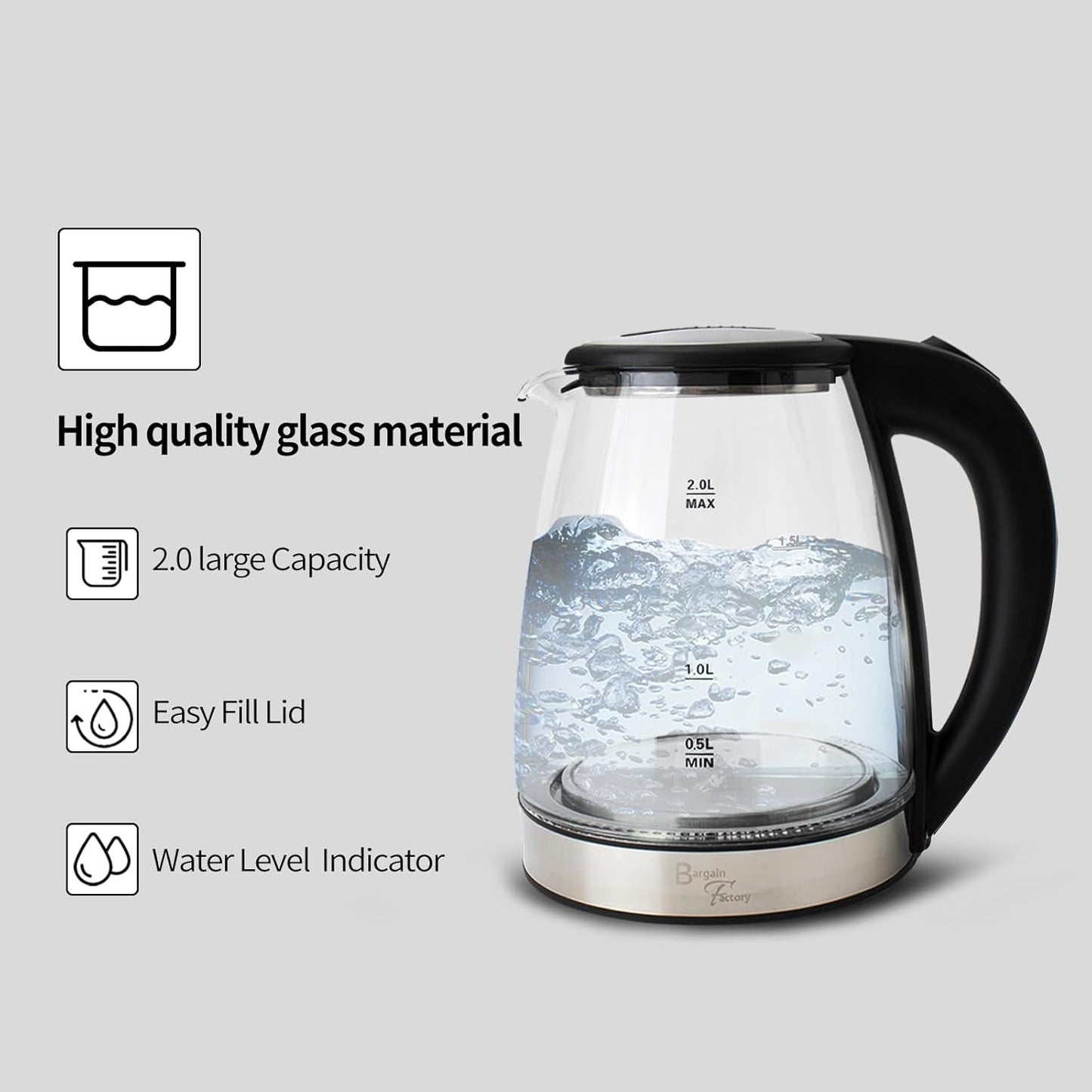 Electric Glass Kettle – 2L Fast Boil, -Free with Blue LED & Boil-Dry Protection