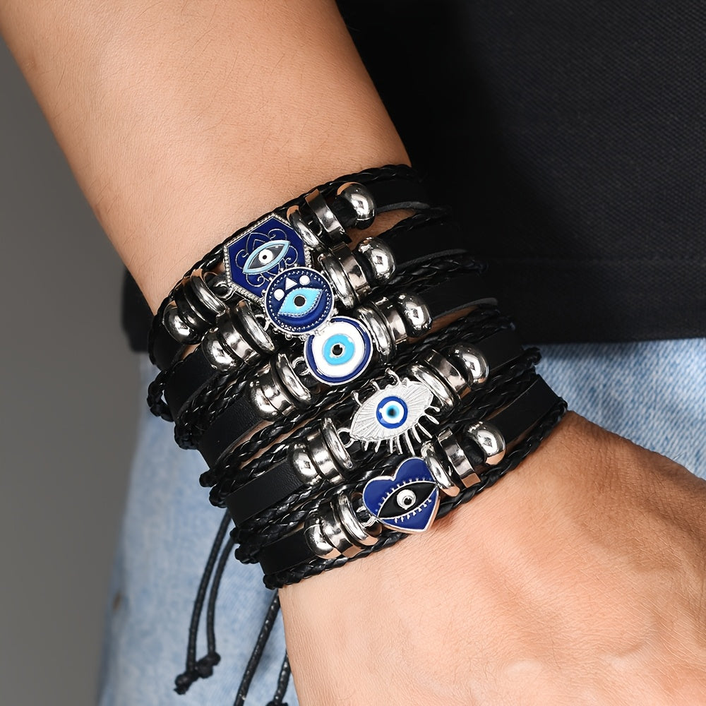 NEW 5 PCS Set of Different Glasses Devil Flower Additions PU Leather Women Girls Men's Hip-Hop Trendy Bracelet Set Adjustable Bracelet