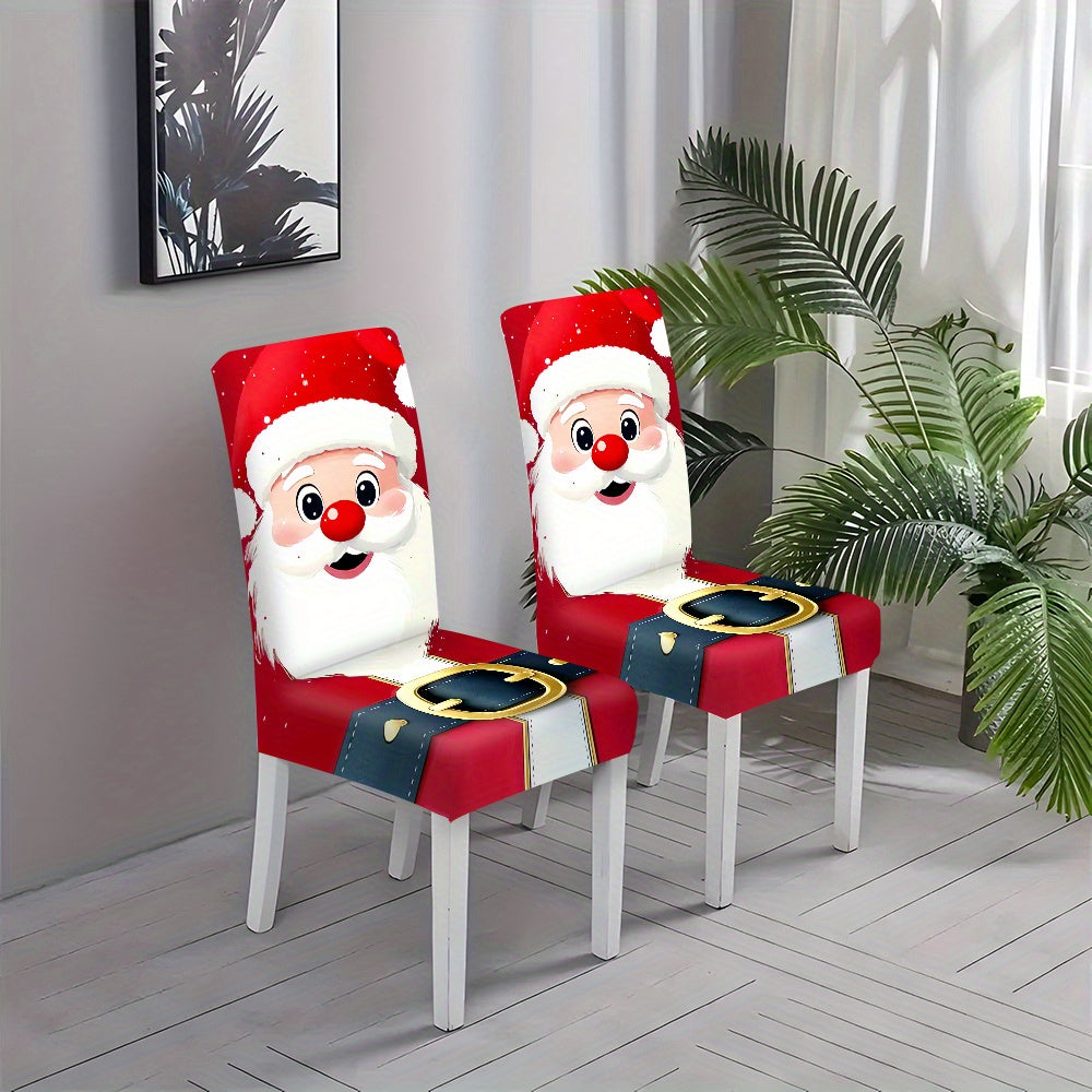 2pcs/4pcs/6pcs Christmas Santa Claus Pattern Printed Elastic Chair Covers, Full Coverage Dining Chair Slipcovers, Holiday Atmosphere Decor, Connected Home Stool Covers