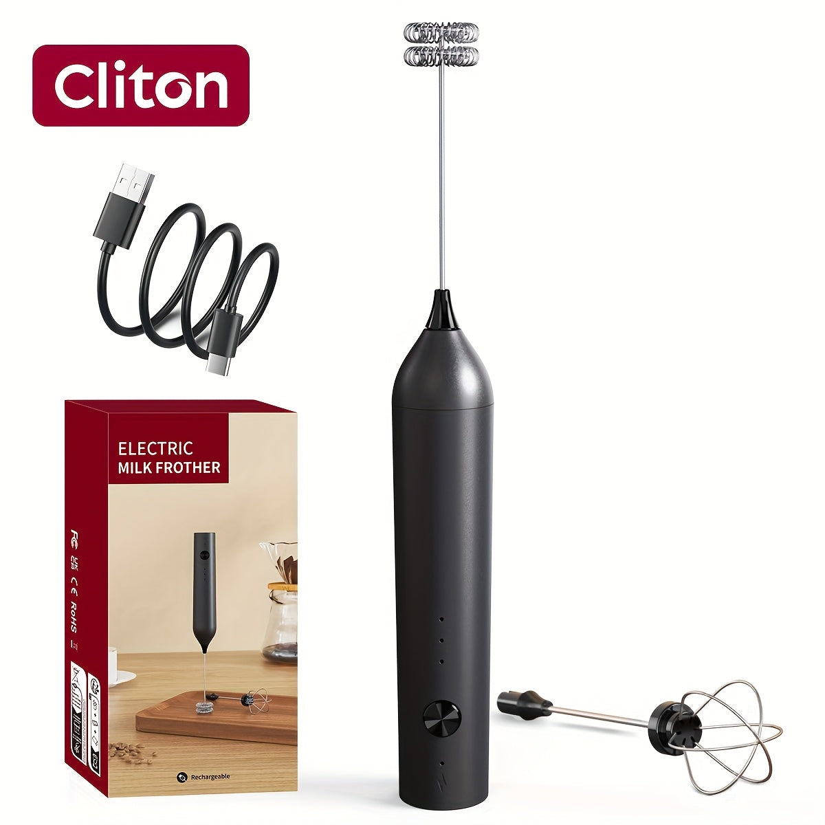 Rechargeable Electric Milk Frother, Handheld Foam Maker Whisk with 2 Heads 3 Speeds Drink Mixer, Built-in Mixing Heads for Both Milk Beaters And Egg Beaters, Quick Foaming Coffee Whisk for Coffee, Latte, Wedding Gifts, Portab