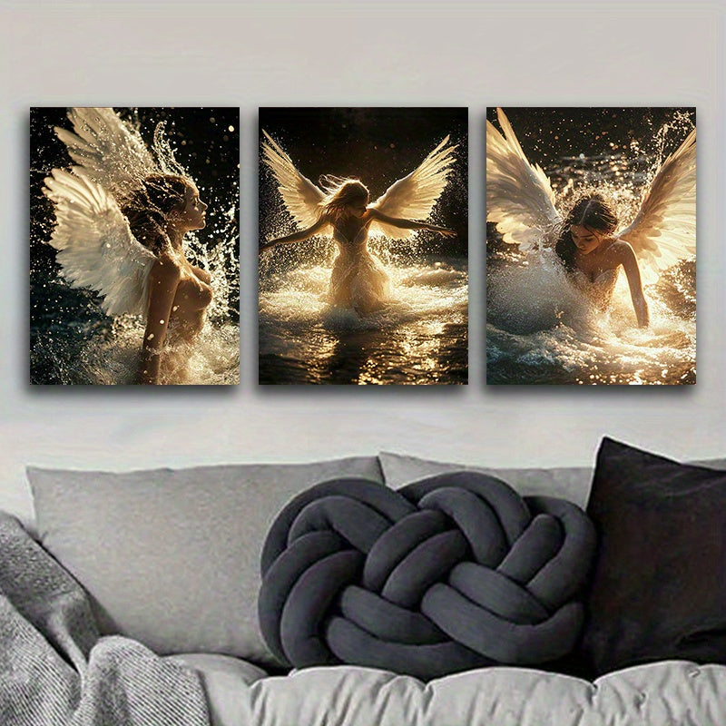 2D Flat Wrapped Canvas Painting 3pcs Set, Water Angel Canvas Wall Art, Modern Decorative Art Style, Wooden Frame Wrapped Canvas, Indoor Portrait Direction, Luxurious Wall Decoration, Suitable for Home, Office, Living Room, Di