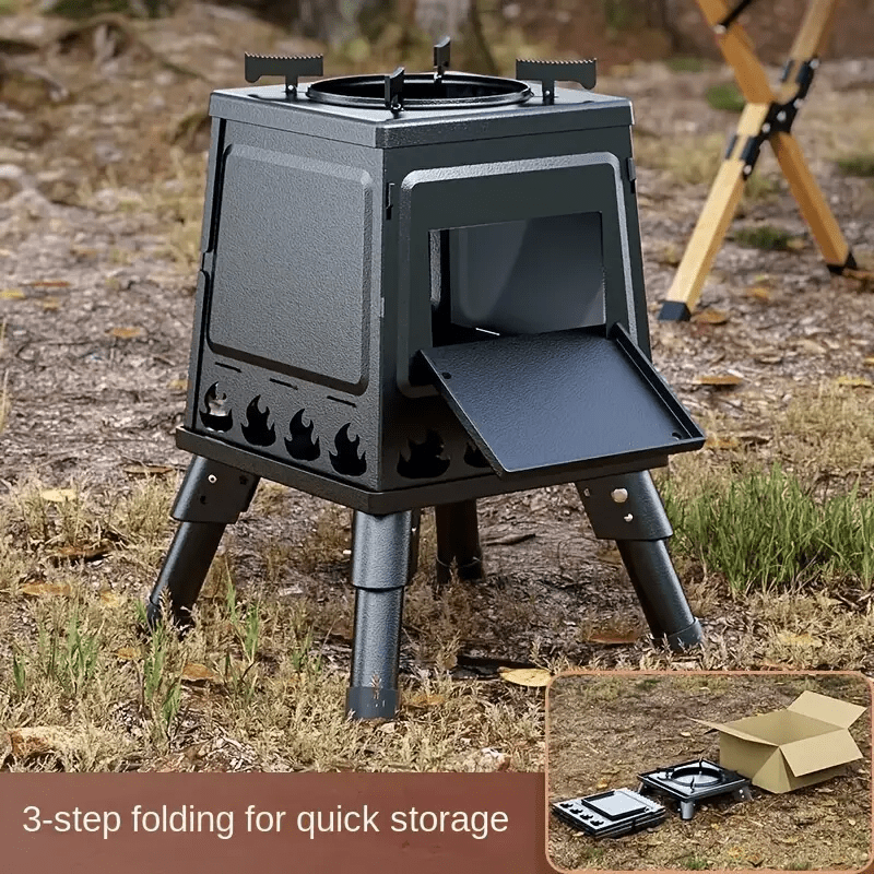 Heavy-Duty Portable Folding Fire Pit Stove - Wood Burning Camping Oven with Adjustable Pot Stand, Foldable Outdoor Cookstove for Camping, Backpacking, BBQ, Survival - Compatible with Wood/Charcoal/ (No Electricity)