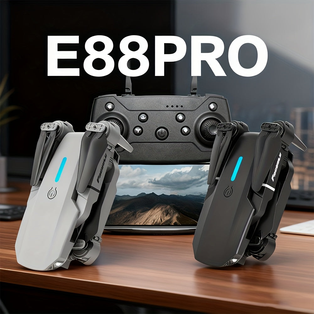 E88 Pro! Featuring a Foldable Design,  Compact And Lightweight, Available in Two Minimalist Colors: Black And Gray, Along with a Sturdy Build. It Has Dual 480P Cameras And Remote Control Operation