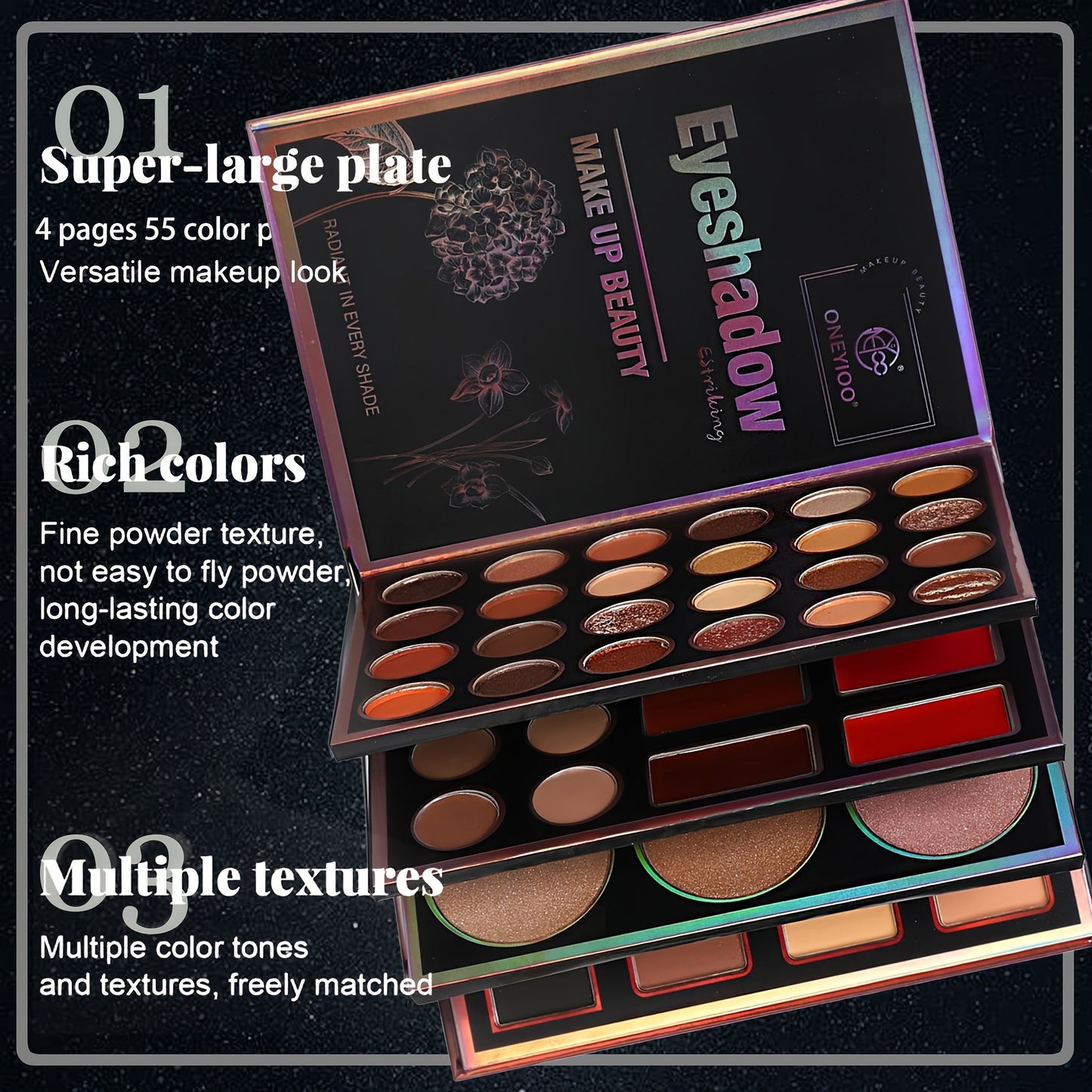 4-Page Makeup Palette, 55 Colors: 24 Eyeshadow Shades (Matte & Glitter), 6 Lip Colors, 9 Contour & Concealer Shades, 6 Highlighter & Eyeshadow Palettes in Berry, Pink, Purple, Red, Golden - Perfect Gift for Women on Special O