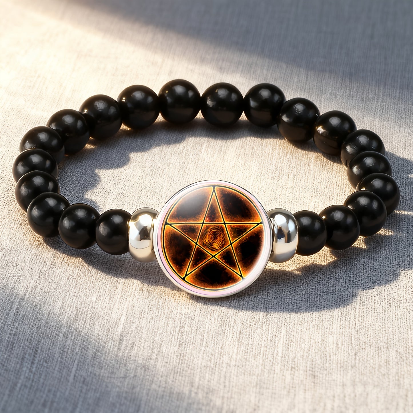 A Packaged Item (Teenager's Classic Style Black Plastic Bead And Chain Bracelet), Featuring a Unique Design with a Mysterious Pentagram Pattern Surrounded by Golden Light And Spiral Textures