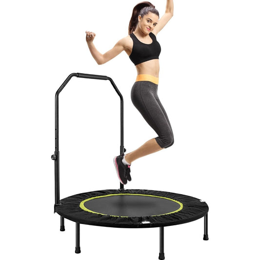 For Home Gym 40 inch Foldable Fitness Trampoline Max Load 400lbs Foldable Exercise Rebounder with 5 level Adjustable Handrail Indoor Outdoor Fitness Body Exercise
