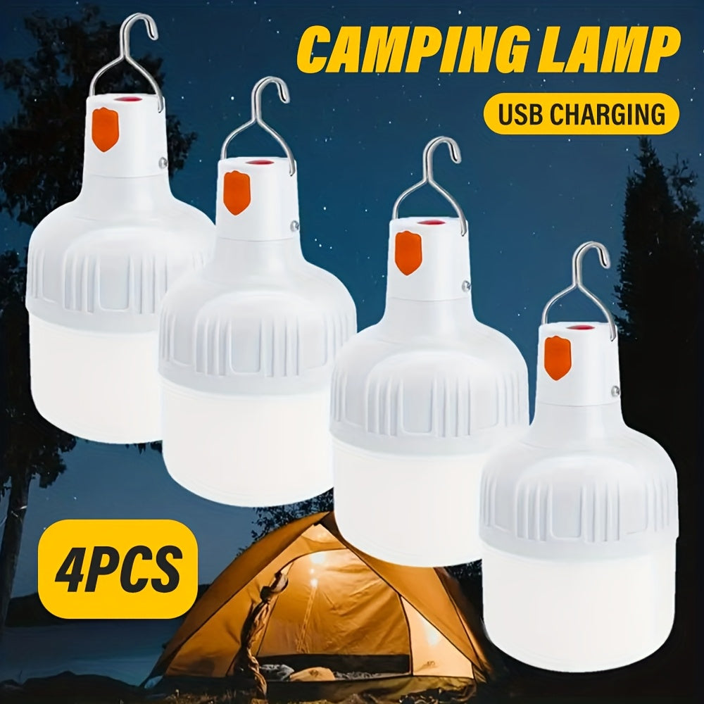 4 PCS Set Rechargeable LED Camping Bulbs, USB-Charging Portable Lanterns, High-Brightness Lighting with Hooks for Camping, Fishing, Yard, Street Vending, Emergency & Commercial Use