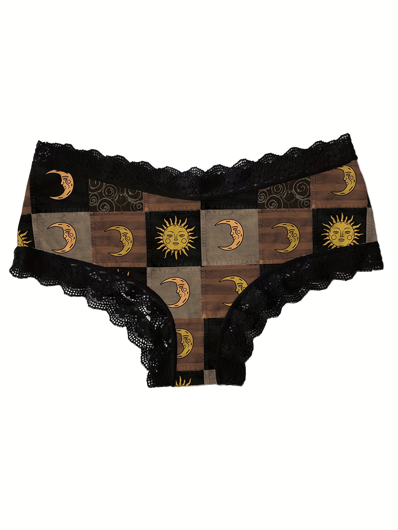 3 PCS Set UK Size Moon & Sun Print Lace Trim Briefs, Comfy Breathable Stretchy Intimates Panties, Women's Lingerie & Underwear