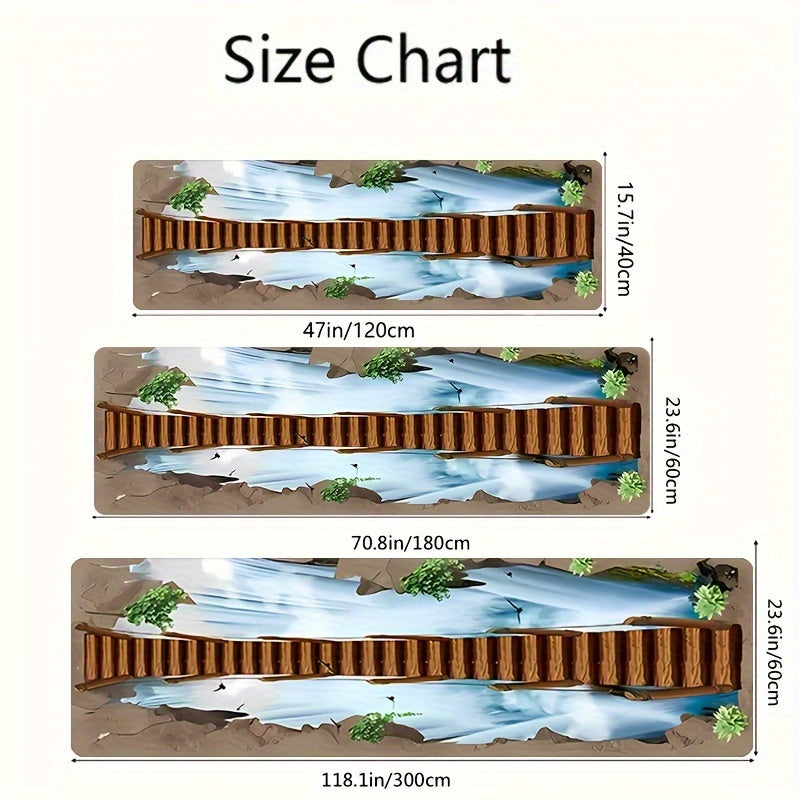 3D Wooden Bridge Carpet Featuring a Cliff Waterfall Landscape Pattern, Machine Washable Rectangular Runner Rug Suitable for Bedroom, Bathroom, Living Room, And Hallway Decor - Lightweight Home Decorative Rug 2D Flat