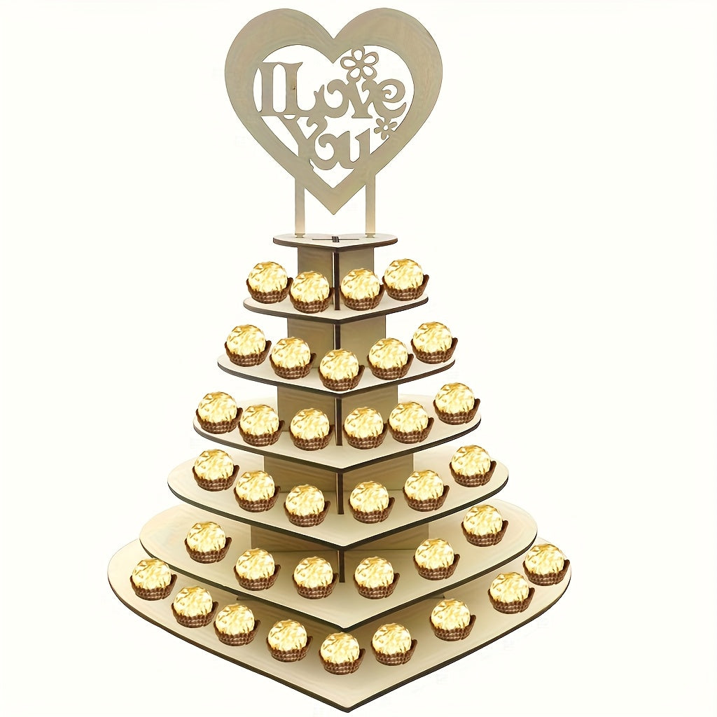 Elegant 7-Tier Heart-Shaped Wooden Chocolate Display Stand for Weddings & Parties - Artistic Home Decor Accent