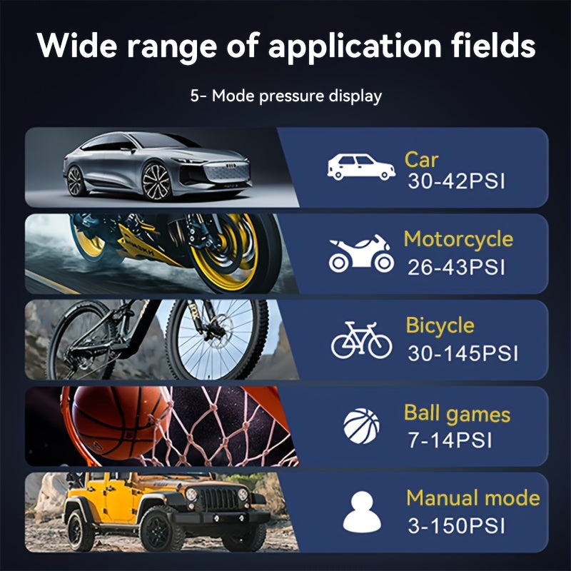 Portable Wireless Air Pump, Air Compressor 150 PSI Tire Inflator | Equipped with Digital LCD Display, USB Fast Charging, Auto Shutoff Safety Protection, LED Light, Compact Design, Rechargeable Lithium Battery, Ideal for Cars,