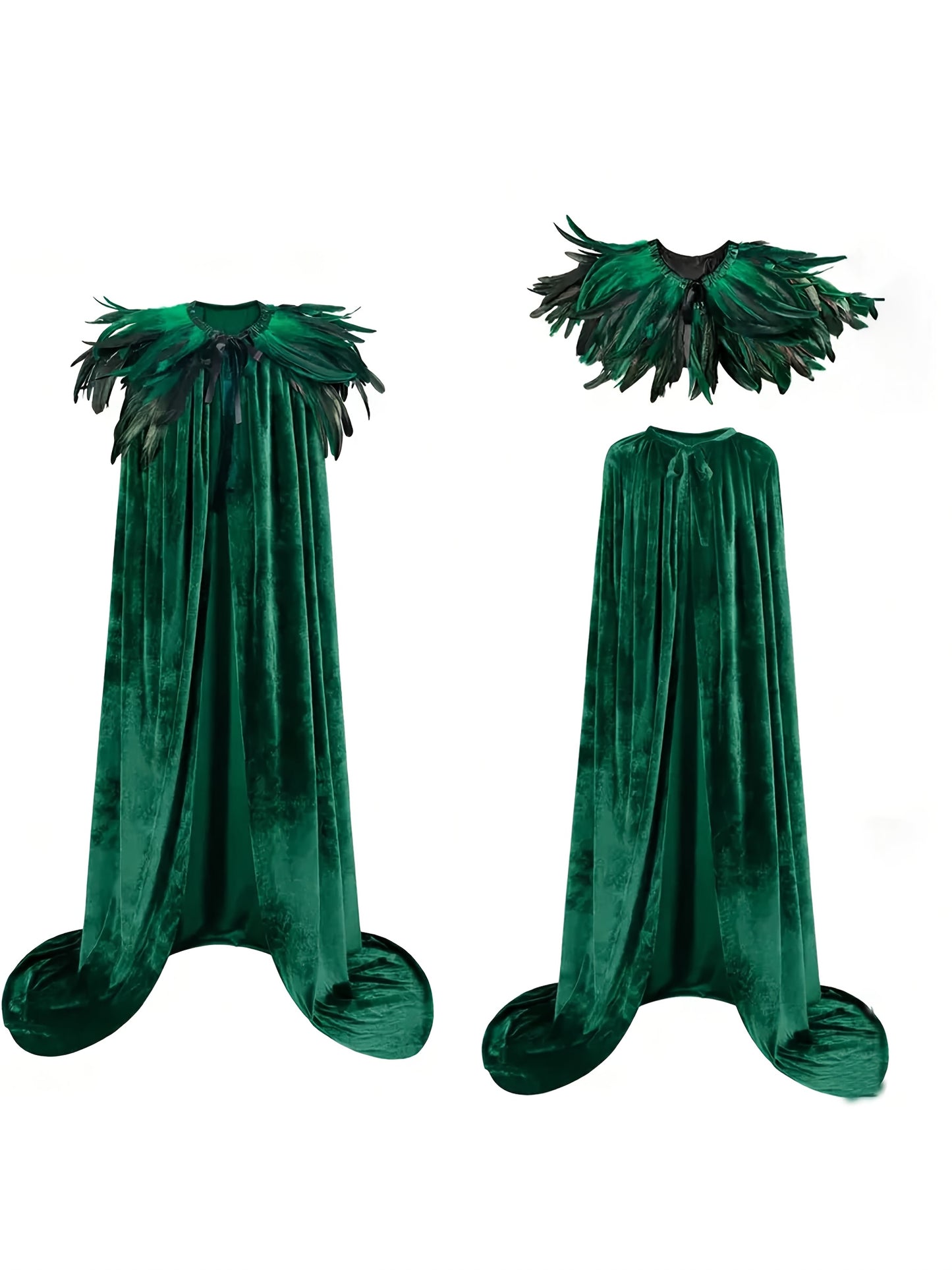 2 PCS Set Gothic Witch Robe & Cape Set - Long Sleeve, Green &, Perfect for Halloween & Carnival Costumes, Stage Props, Fall/Winter Wear, Vintage Style | Knotted Detailing, Witchcraft Clothing Supplies