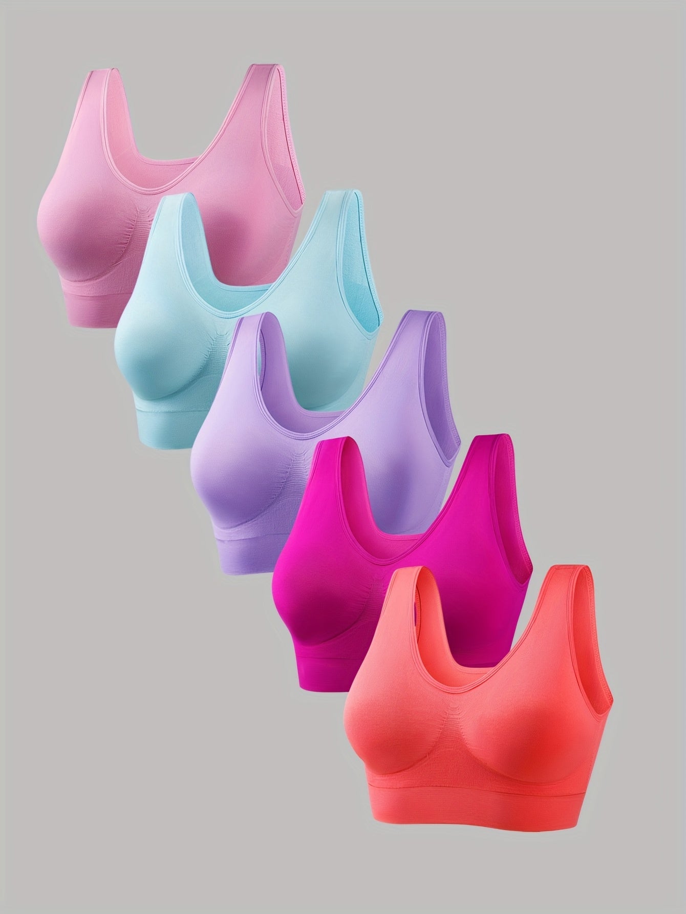 5 PCS Set S-2XL Plus Size Women's Sports Bras Set,  Solid Non Padded Seamless Running Versatile Bralette Outdoor Fitness Gym Yoga Pilates Bra Tops Big Girls Underwear Sets Sports Apparel Accessories