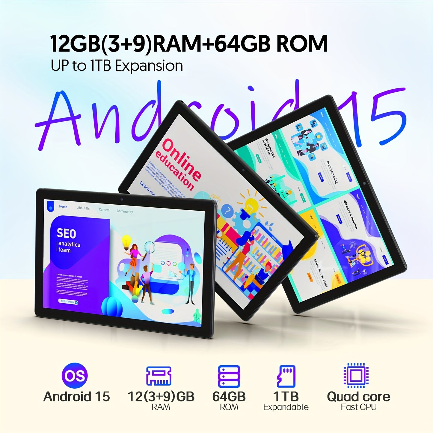 Android Tablet, Full Set Android 15 Tablet 10 Inch 12 (3+9) GB+64GB, 1TB Expansion, 4-core, 6000mAh, 2.0MP+8.0MP Dual Camera 5G WiFi 61280x800 High-definition Touch Screen, :Tablet+ case/ Tablet With Keyboard +Mouse+ Case+ St