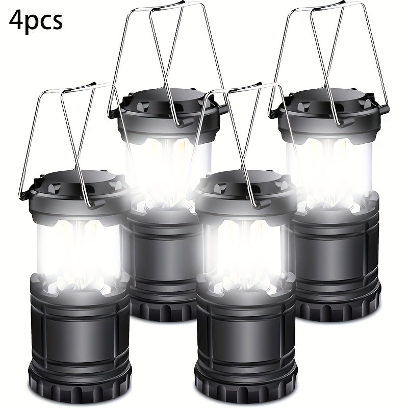 4 PCS Set Super Bright Led Camping Lanterns | Portable, Collapsible Emergency Flashlights, ABS Material With Matte Metal End, Ideal For Camping, Outdoor Activities, And Home Use, Non-Water Resistant, Button Switch, Without Ba