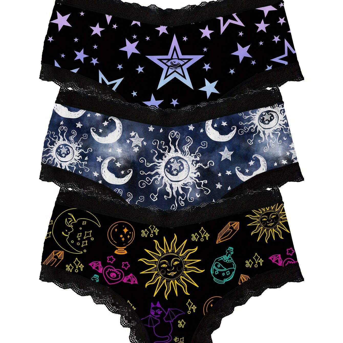 3 PCS Set UK Size Mystic Astronomy  Planetarium Allover Print Scallop Lace Trim Briefs, Sexy Comfy Breathable Stretchy Intimates Panties, Women's Lingerie & Underwear