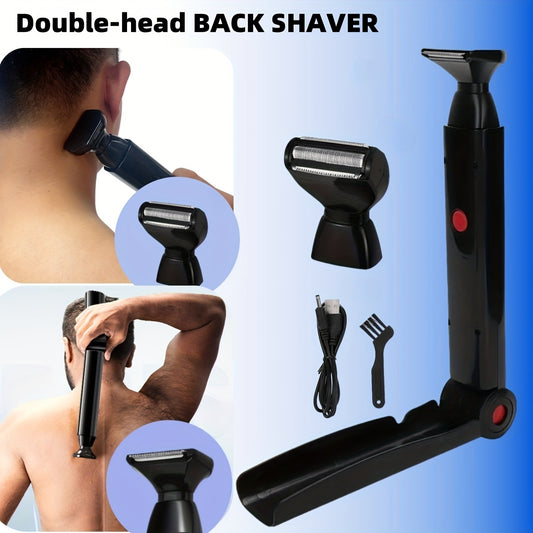 Men's Long-Handled Back Shaver with Facial Razor, Body Shaver with 2 Shock-Absorbing Elastic Heads and Adjustable Curved Handle - A Gift for Husband or Boyfriend
