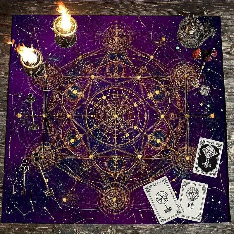 Tarot Tablecloth, Mystical Cosmic Geometry - Deep Purple Altar Clothes with Golden Symbols for Divination & Readings at Parties and Events – Durable Polyester Occult Decor w/ Celestial Patterns, Exquisite Craftsmanship, 2