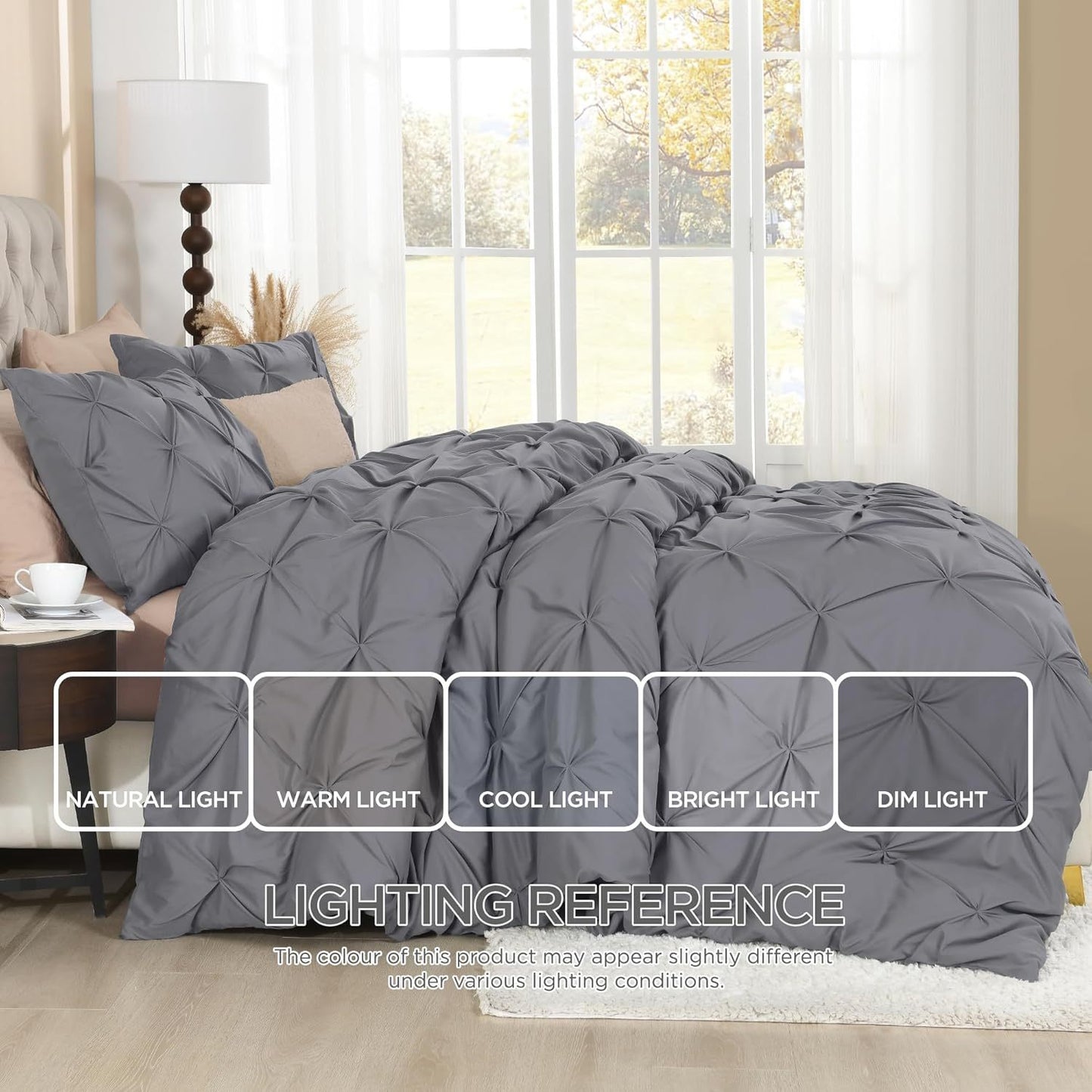 3 PCS Set 5 Colors Charcoal, Pink*Five Star Hotel* Pinch Pleated Luxury High Quality Duvet Cover Set, Soft Pintuck Bedding Sets with Pillowcases