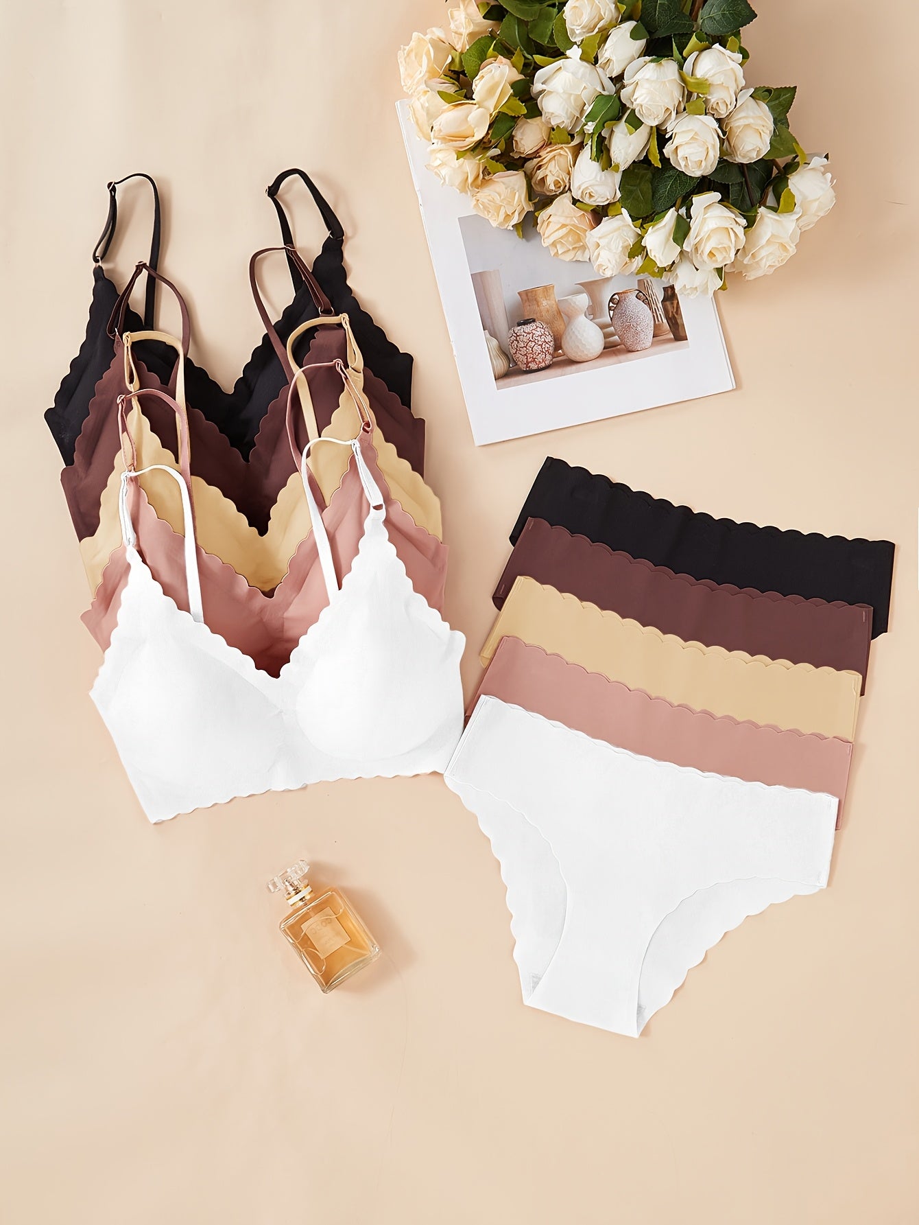 10pcs Elegant Seamless Women's Bra Set - Medium Support, Removable Pads, Strapless Design, Solid Colors (Beige, Brown, White, Black, Tan, Light Beige) - Perfect for Adult, Comfortable Undergarment | Elegant Strapless Bra | Se