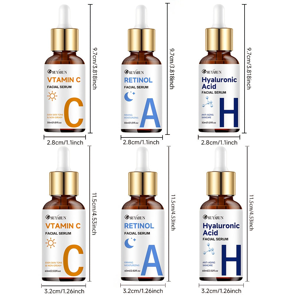 3 PCS Set 60ml Each Day & Night Vitamin C + Retinol + Hyaluronic Acid Triple Action Set, Enriched with Collagen, Aloe Vera, and Niacinamide, Brightens Complexion, Firms Skin, Deeply Hydrates, and Evens Light Beige. Gentle, Oi