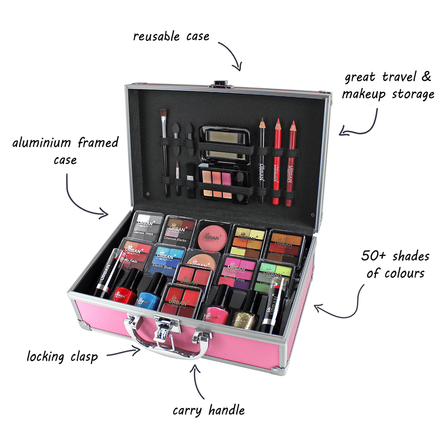 82 PCS Full Set  Beauty Hot Pink Makeup Luxury Vanity Case – Makeup Kit for Teens and Women with Eyeshadow, Blusher, Lipsticks and Nail Products – Fun Celebrities Travelling Makeup Cosmetics Vanity Case for Girls