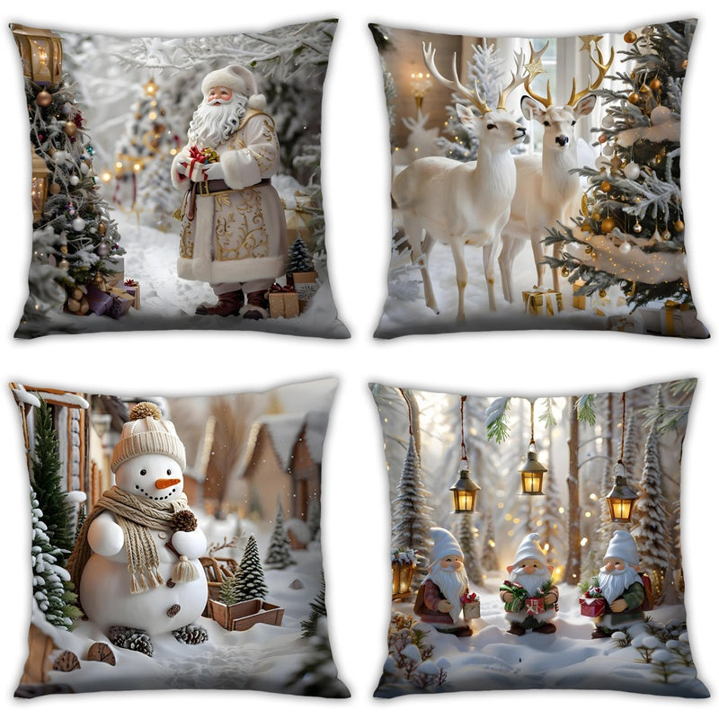 4pcs Christmas Decorative Pillow Covers, Santa Claus Reindeer Snowman Elf Pattern, Festive Atmosphere Sofa Cushion Covers, Nordic Style Home Decor, Christmas Gift (Pillow Inserts Not Included), Cozy Holiday Setup, Seasonal De