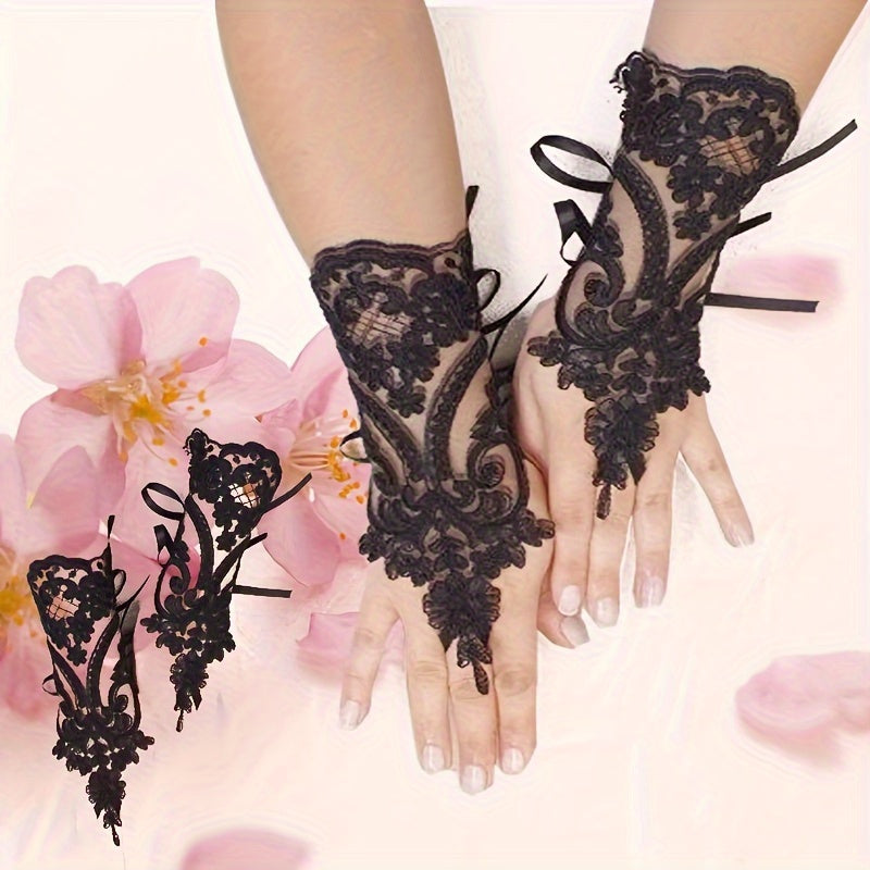 Stylish Black Lace Gloves Without Fingers for Ladies - Featuring Detailed Floral Designs, Flexible Wristbands, And Breathable Material - Perfect for Halloween And Dance Events, for halloween Costumes | Chic Glove Style | Adju