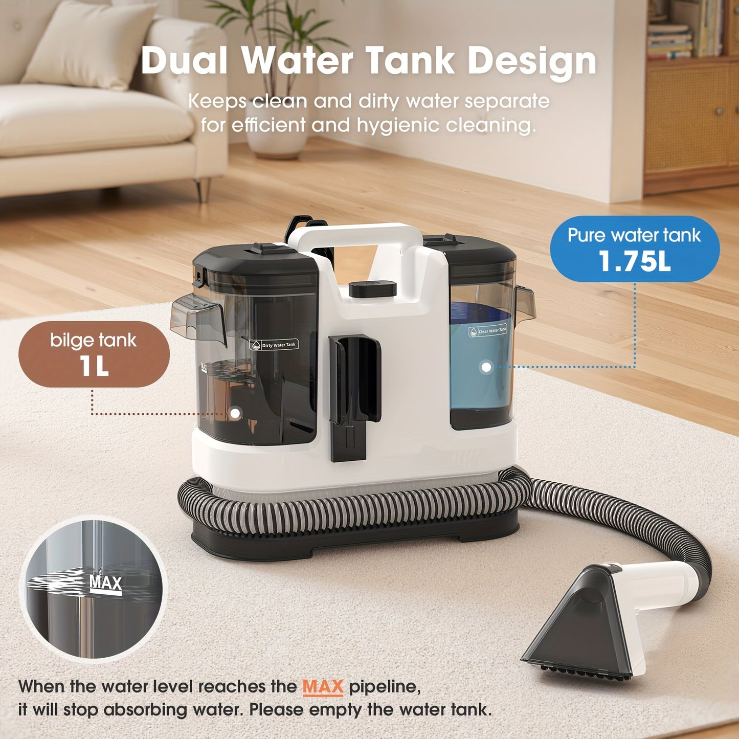NEW Set Portable Instant Heated Function Washing Vacuum Cleaner, Upholstery Spot Cleaner, 20Kpa Multifunctional Handheld Vacuum Cleaner, High Power Carpet Cleaner Machine, Stain Removal, Fabric Washing, for Pets, Stairs, Car