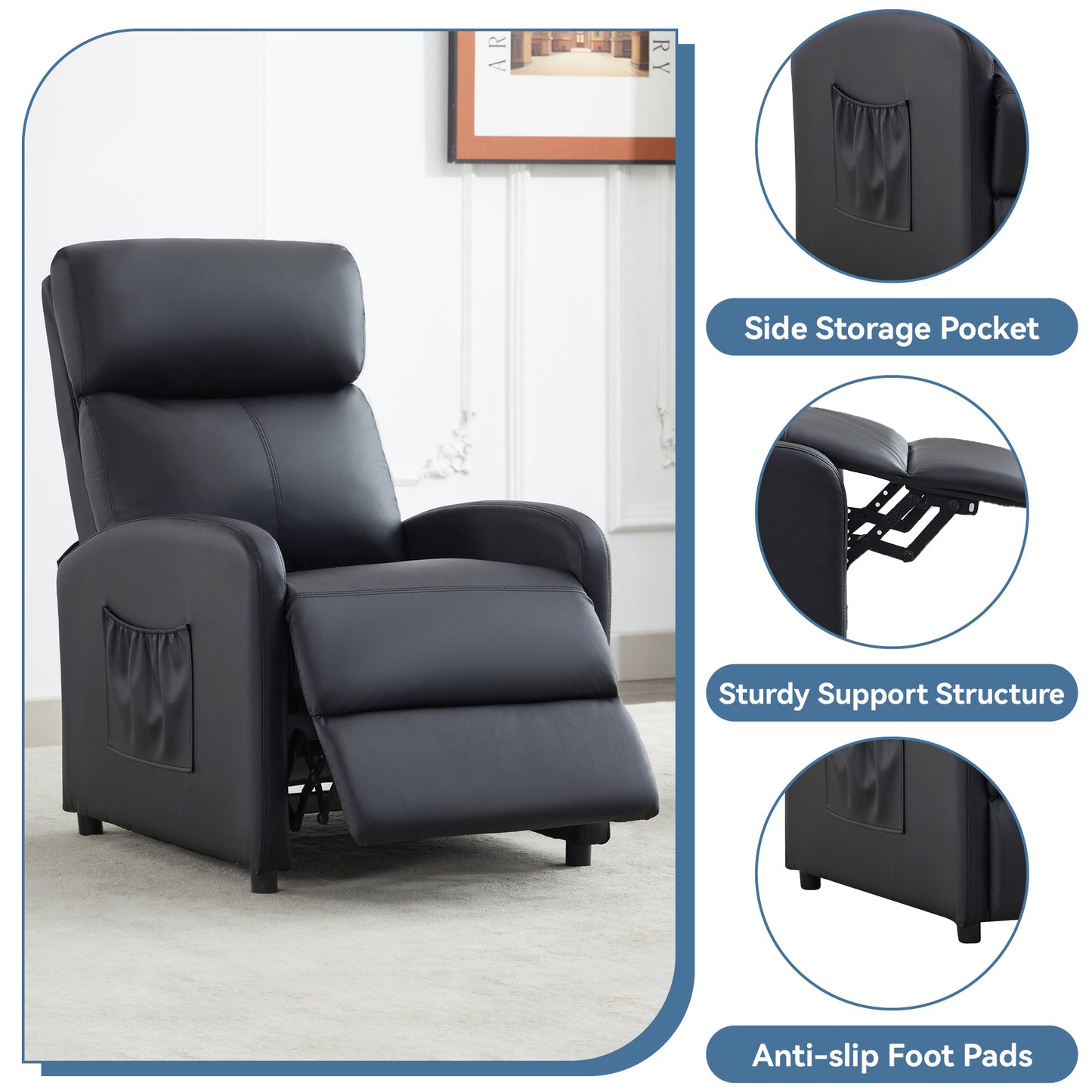 Push Back Recliner Chair Bed , Single Sofa with Lumbar Support, Padded Backrest, Side Pocket and Adjustable Leg Rest for Home Living Room