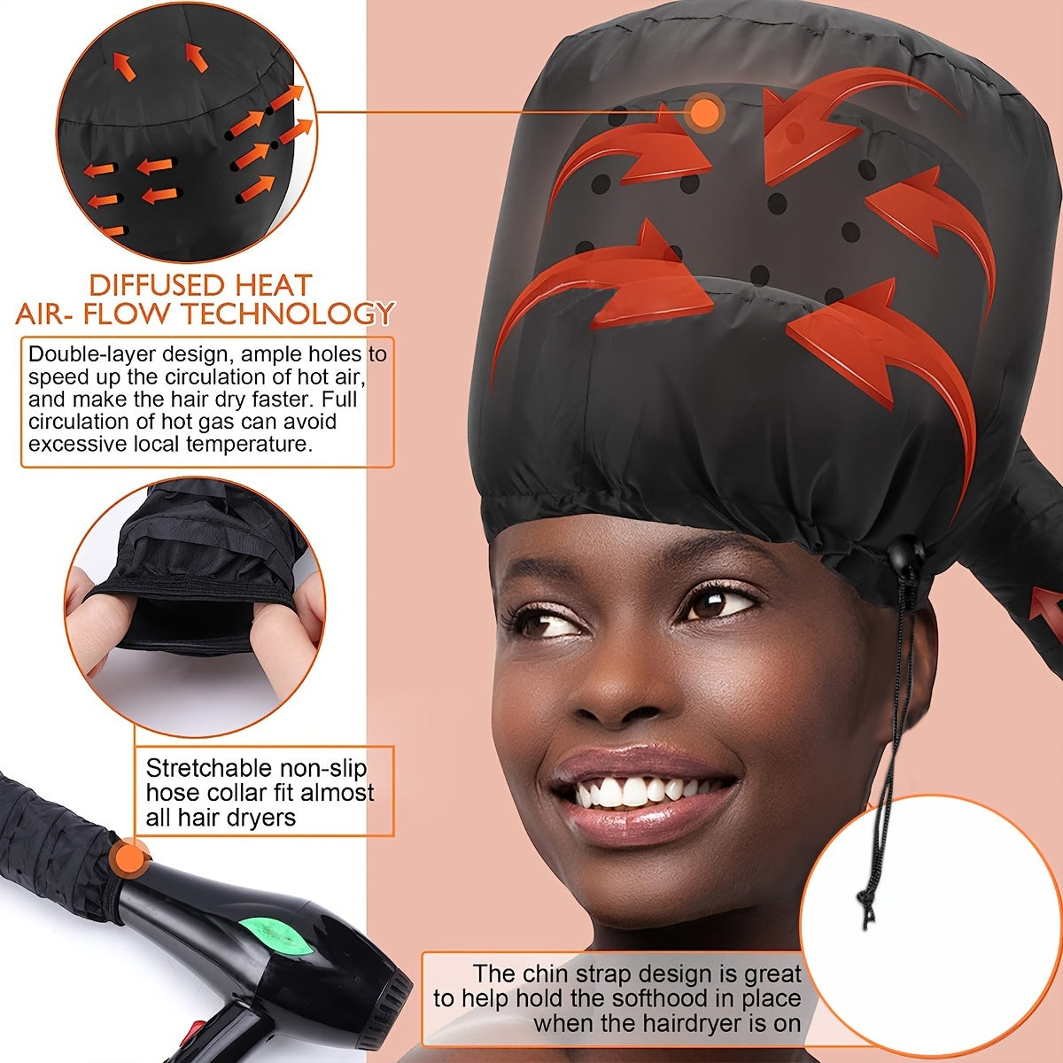 Soft Bonnet Hood Hair Dryer Attachment with Headband - Heat-Resistant Hair Drying Cap, Deep Conditioning & Styling for Relaxed Textured Hair, No Electricity Needed