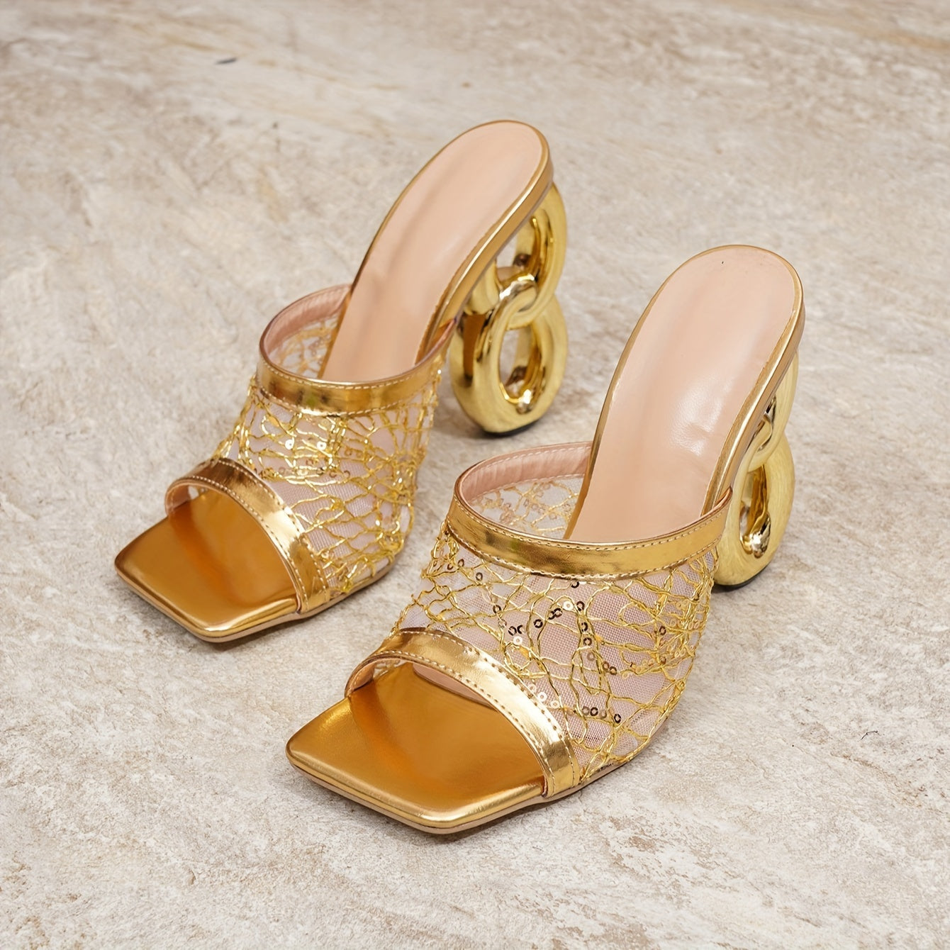 UK Size Golden New Mesh Material Youthful Fashionable Internet-Famous Figure-8 Heel, Women Shoes